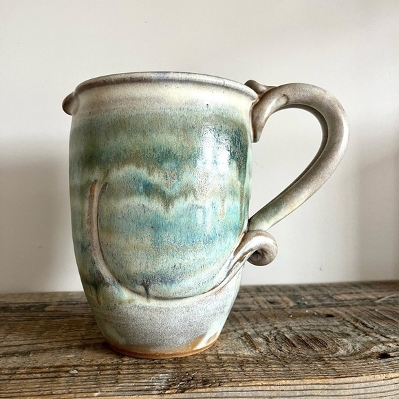 Art Pottery pitcher aqua tan drip glaze signed - Picture 1 of 7